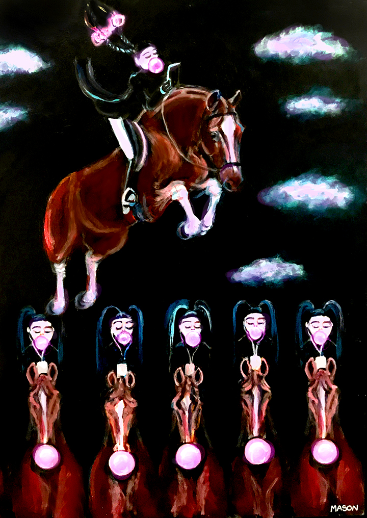 Girl on push-button pony jumping in clouds